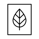 An icon of a frame with a leaf outline in the middle in black outline.