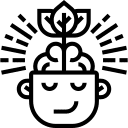 An icon in black of a head with a flower growing out of the top indicating an idea.
