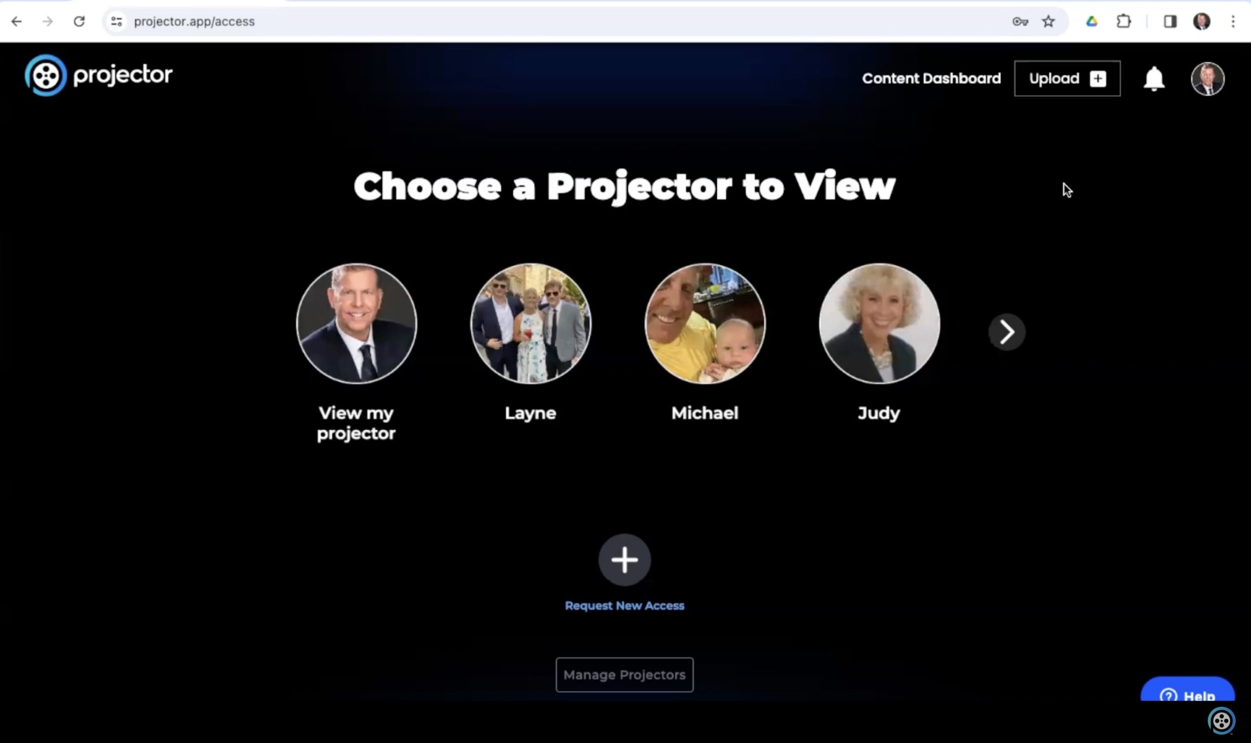 Screenshot of a web page titled Choose a Projector to View, featuring four circular icons with people: View my projector, Layne, Michael, and Judy. Below them are a plus sign labeled Request New Access and a button Manage Projectors for easy access to upload home videos.
