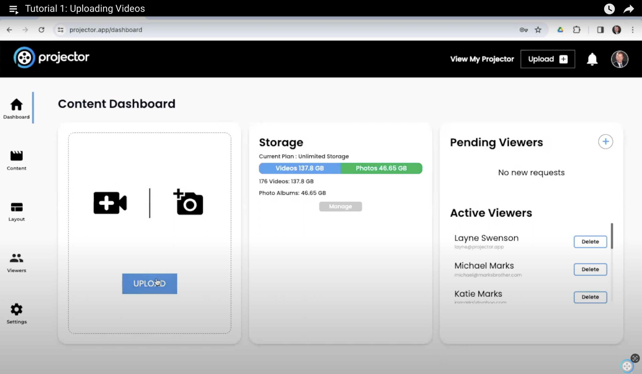 A digital dashboard for managing home videos features sections for uploading media, storage stats, and viewer management. The upload area includes a camera icon, a blue Upload button, and storage details with color-coded bars. Viewer names and activity options are conveniently on the right.