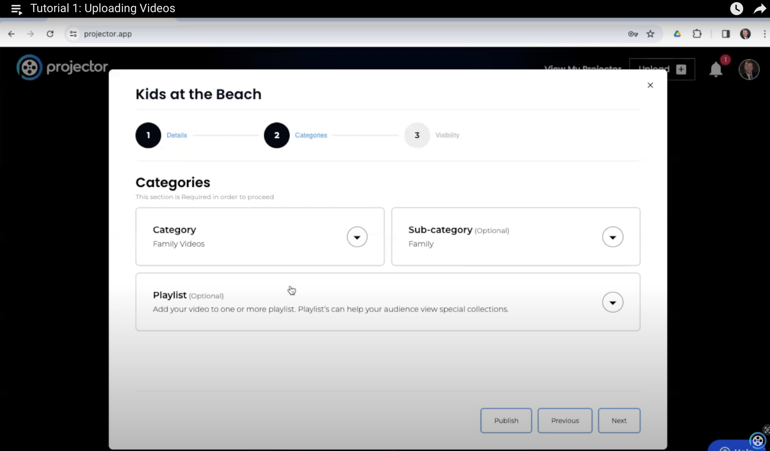 Screenshot of a video upload interface titled Kids at the Beach. It shows three steps: Details, Categories, and Visibility. The Categories section is expanded with options for Category, Sub-category, and Playlist for your home videos collection. Buttons for Publish, Previous, and Next are at the bottom.