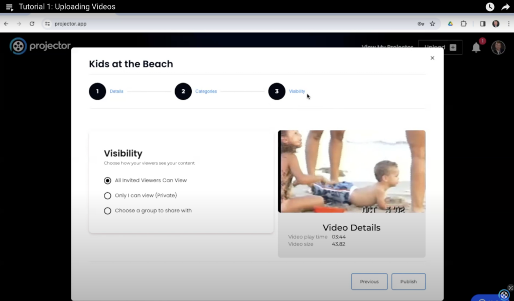 A screenshot of a video uploading interface titled Kids at the Beach features sections for details, categories, and visibility. A video thumbnail shows children playing at the beach. Perfect for those wondering how to upload home videos with options for all viewers or limited access.