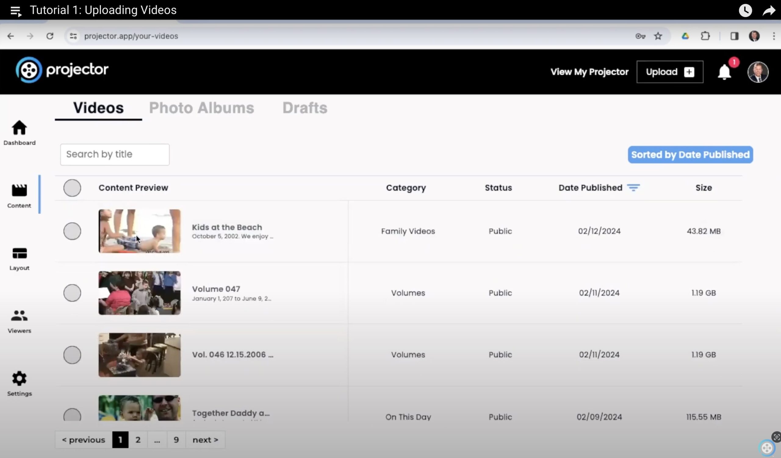 A computer screen displays a video management interface with a list of videos. Columns detail title, category, status, and date published. Thumbnails are on the left, and options to search and sort are at the top—perfect for organizing your home videos or managing uploads efficiently.