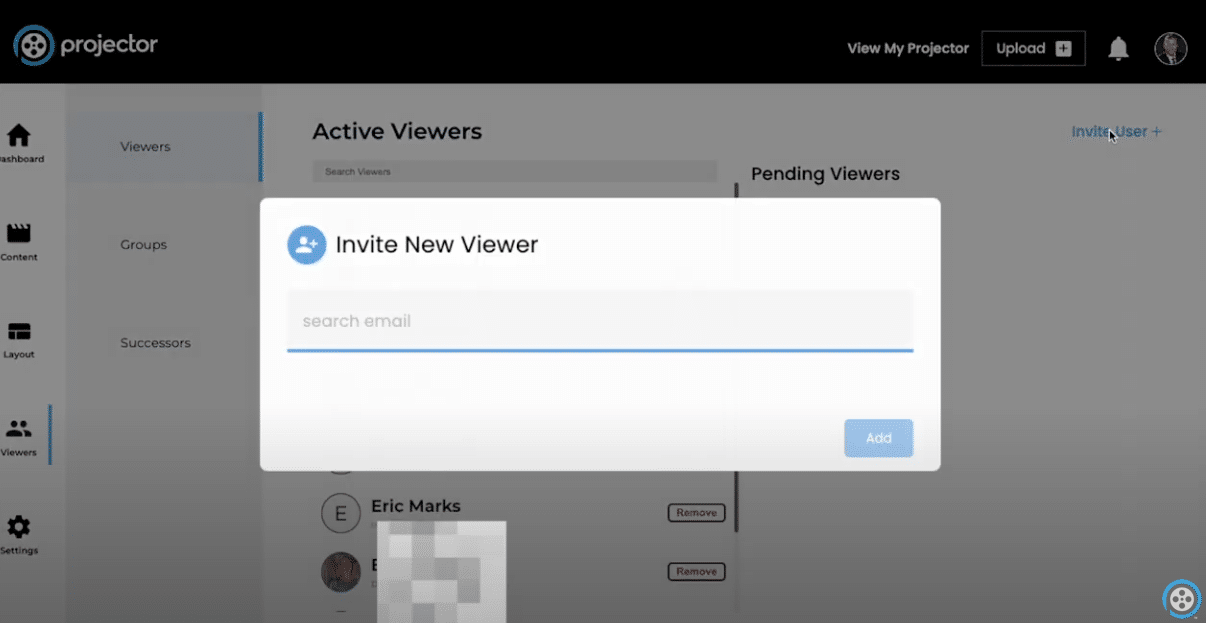 A computer screen displays a modal window titled Invite New Viewer with a search email field, over a dashboard showing viewers and an option for sharing with family and friends on the right side.