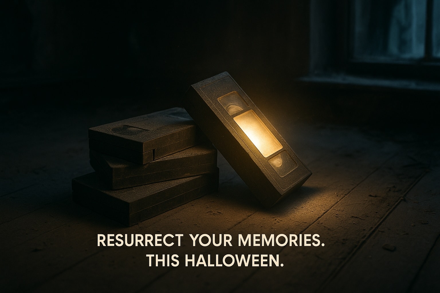 Dusty VHS tapes in a haunted house setting, one glowing with light Resurrect your memories. This Halloween.