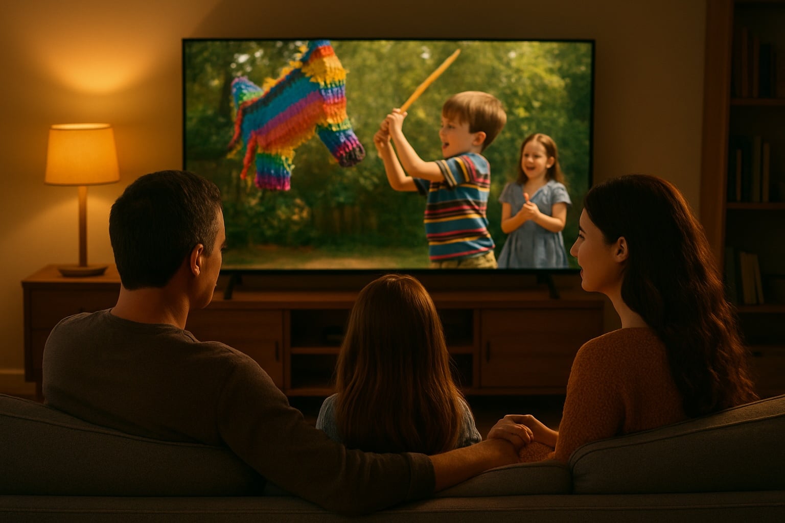 family watching home videos of child birthday party