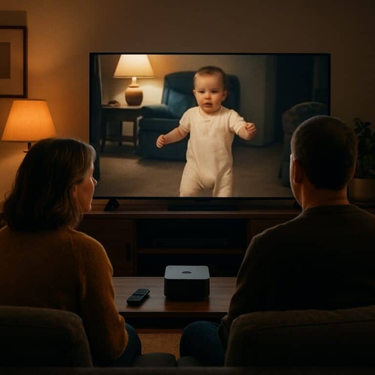 parents watching baby take first steps video on projector