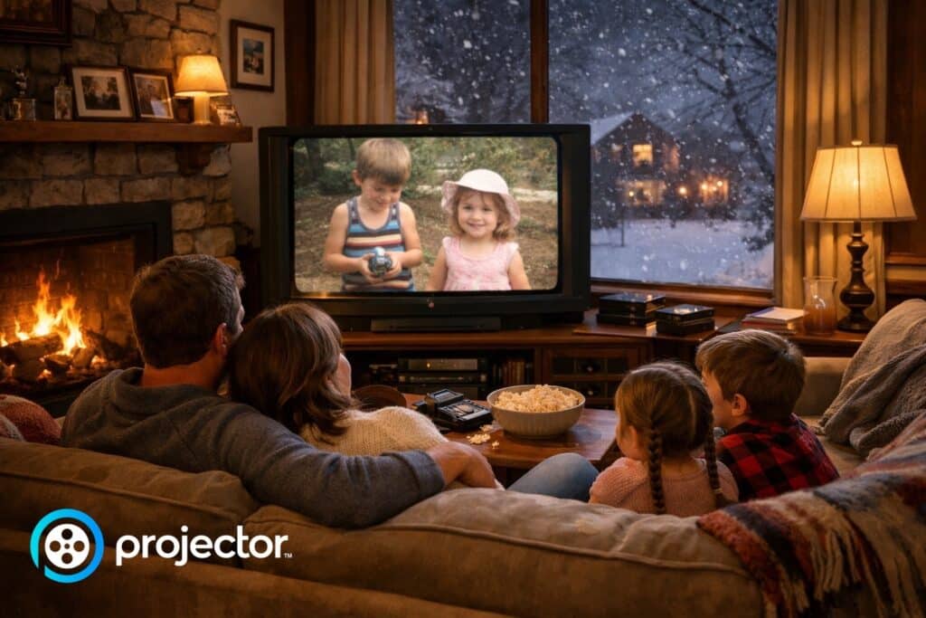 photograph of family watching home movies on a couch