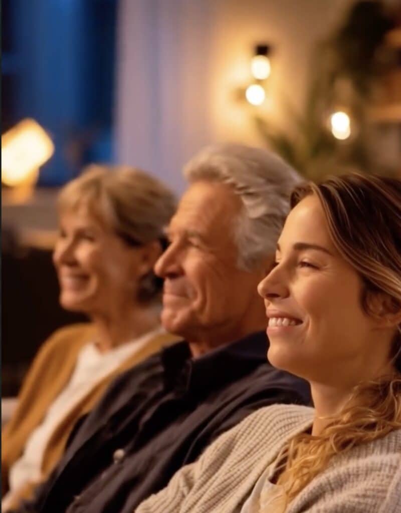 A close-up shot shows three people of different ages sitting side-by-side, all smiling and looking in the same direction. The woman in the foreground has light brown hair and is wearing a light-colored sweater, while the older man next to her has gray hair and is wearing a dark shirt, and the woman in the background has short blonde hair and is wearing a yellow sweater.