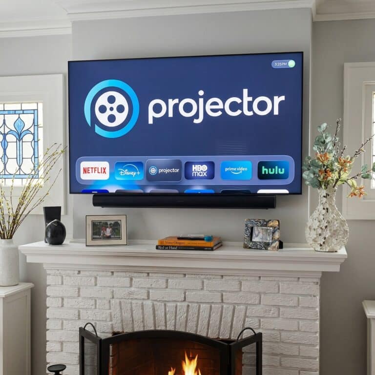 A large television displaying the "projector" app interface is mounted above a white-painted brick fireplace, which is decorated with vases, picture frames, and books on the mantelpiece. A black soundbar is positioned directly below the TV screen.