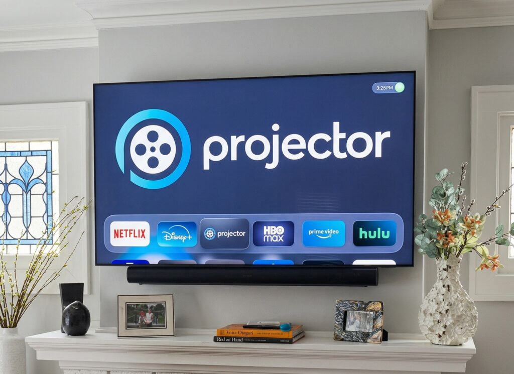 A large flat-screen TV displays the "projector" app interface, featuring streaming services like Netflix, Disney+, HBO Max, Prime Video, and Hulu. The TV is mounted above a fireplace mantel adorned with decorative items, including a soundbar, picture frames, books, and vases with floral arrangements.