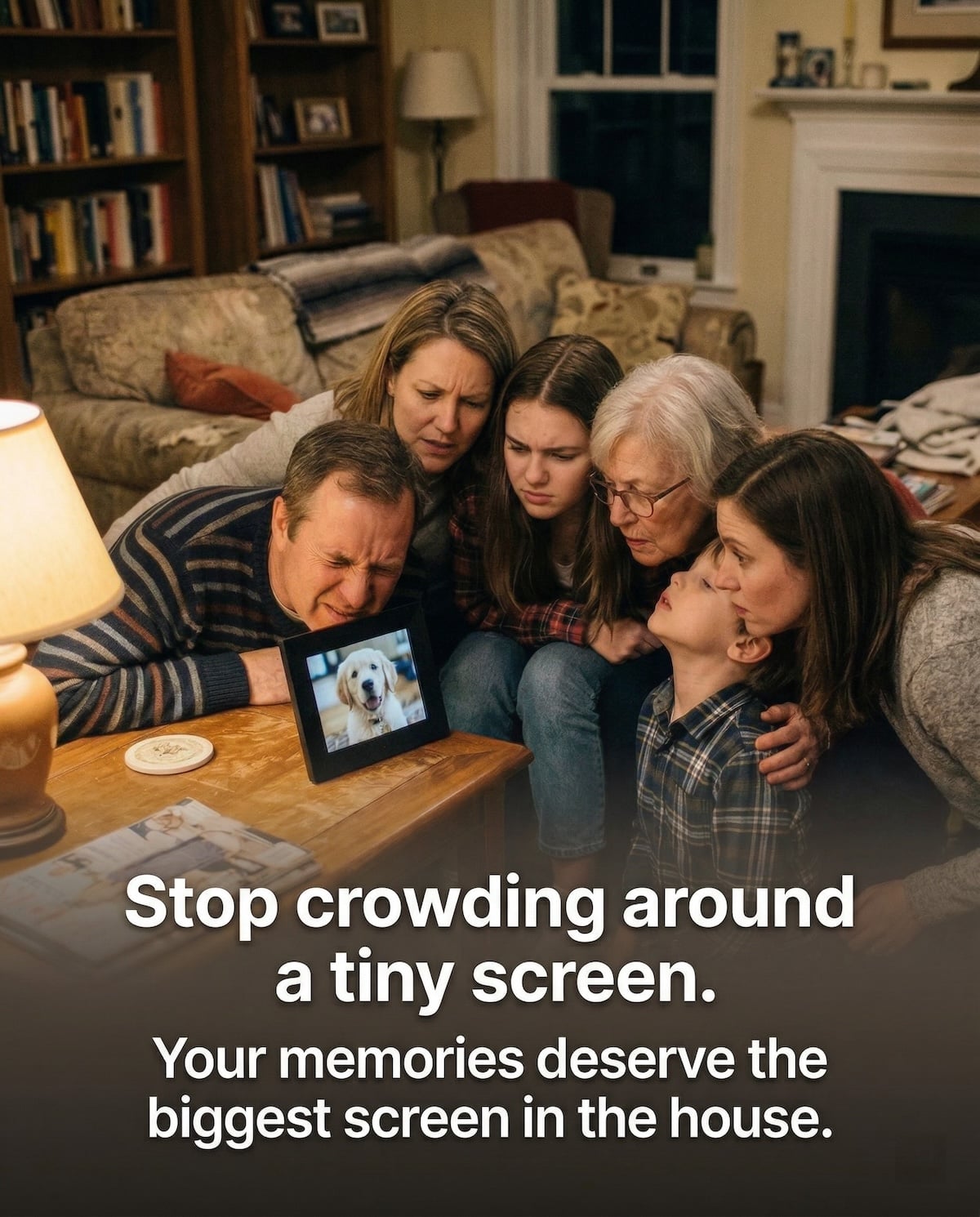 A family of six gathers closely around a small wooden table, their faces showing a mix of sadness and concern as they look at a framed photo of a golden retriever puppy. The scene is set in a cozy living room with a bookshelf, fireplace, and warm lighting.