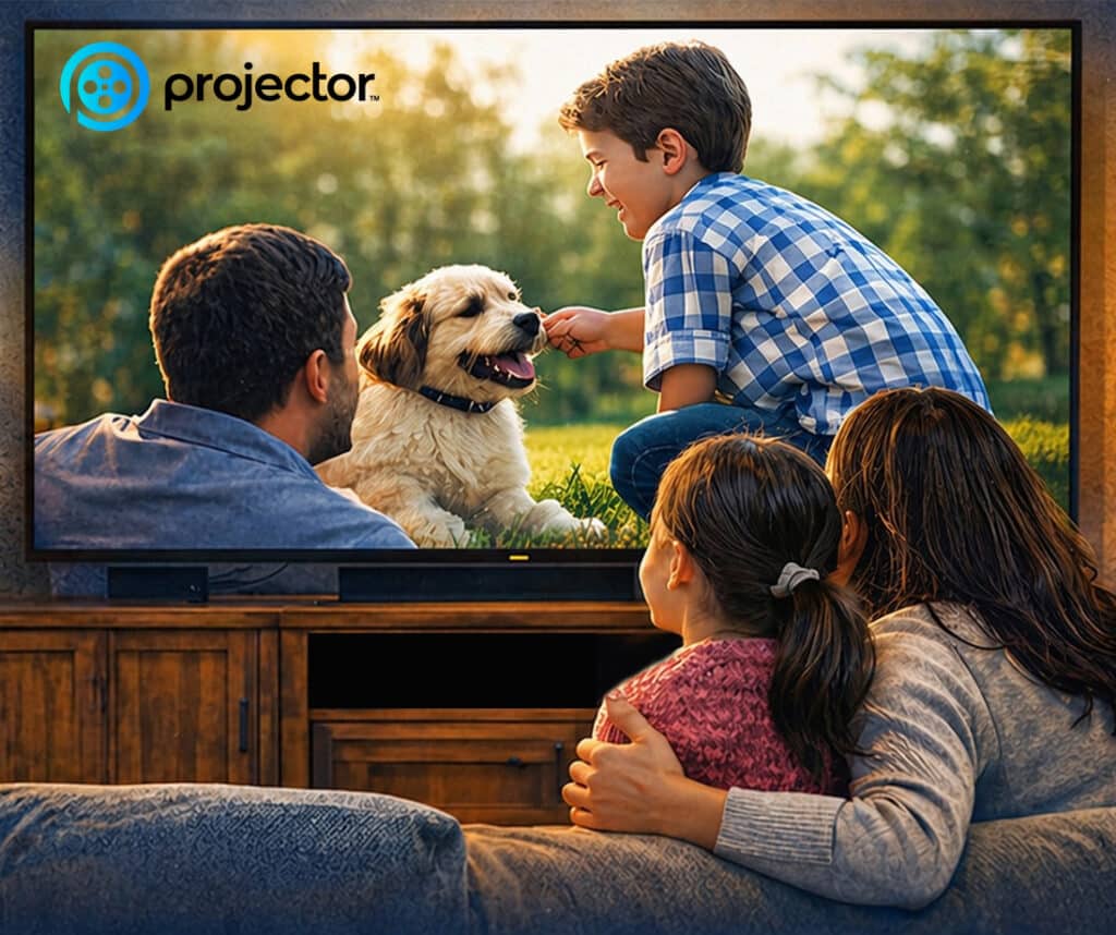 A family of four is watching a TV screen showing a boy feeding a dog. The TV is on a wooden stand, and the family is sitting on a couch.